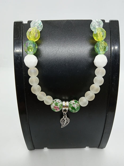 GREEN & WHITE BEADS WITH LEAF CHARM